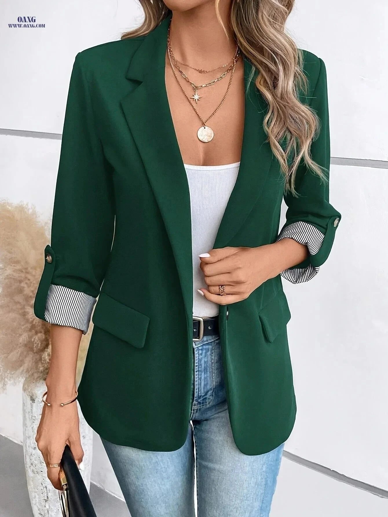 Elegant Women's Blazer - Three Quarter Sleeve, Solid Color Style   OAXG Navy Color / S