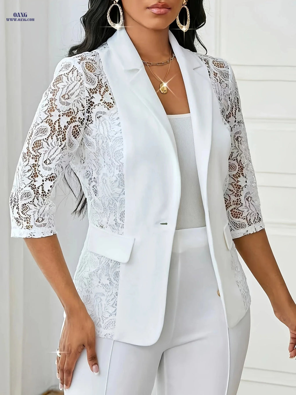 Elegant Women's Blazer with Lace Patchwork - Spring/Summer Fashion   OAXG 