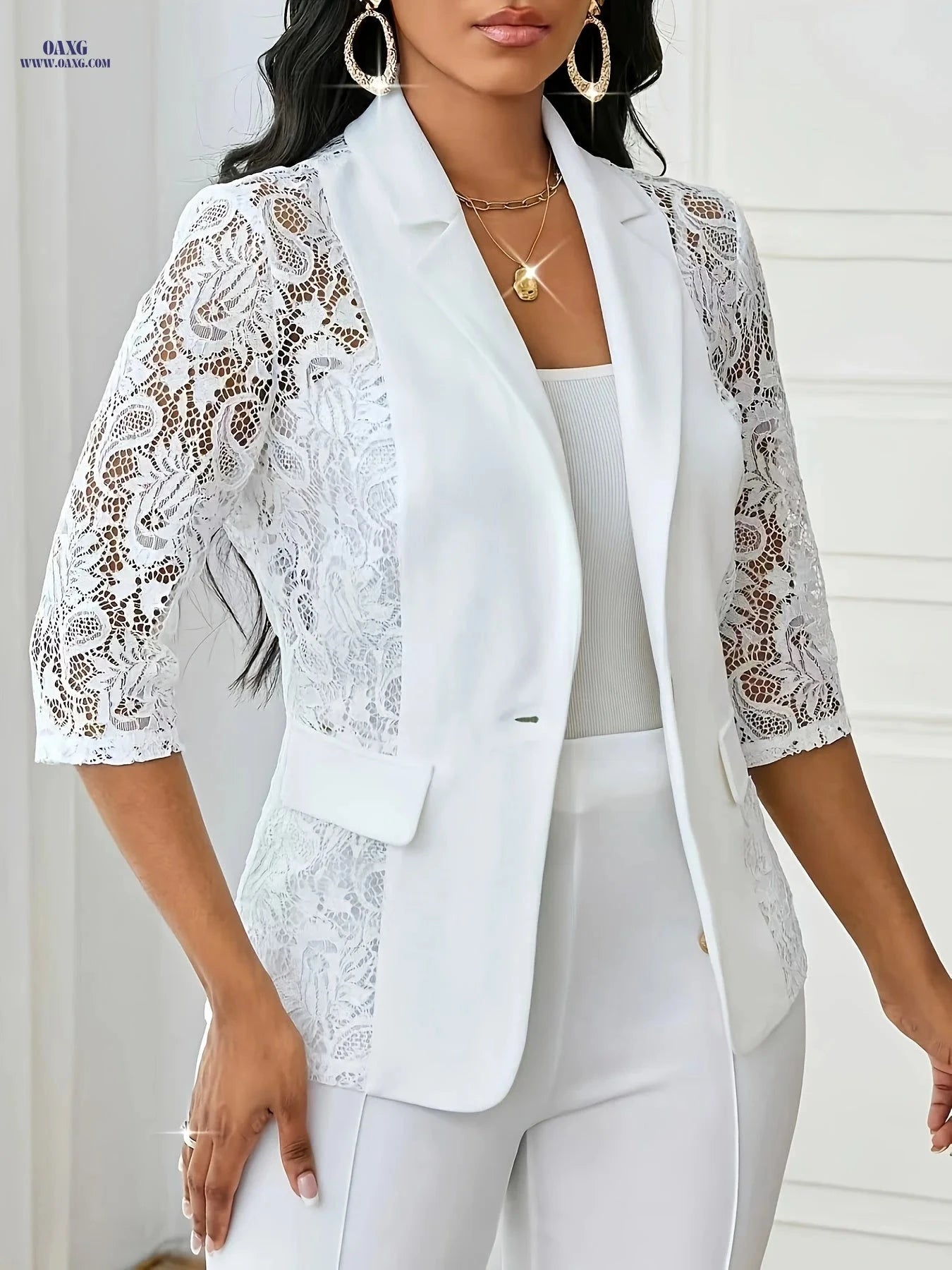Elegant Women's Blazer with Lace Patchwork - Spring/Summer Fashion   OAXG 