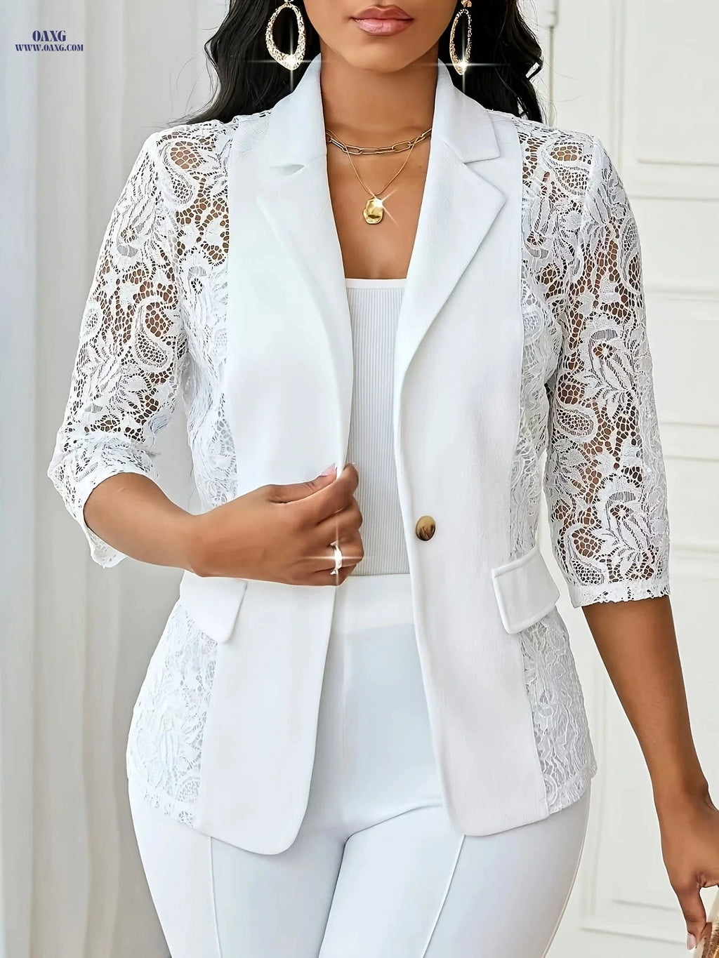 Elegant Women's Blazer with Lace Patchwork - Spring/Summer Fashion   OAXG 