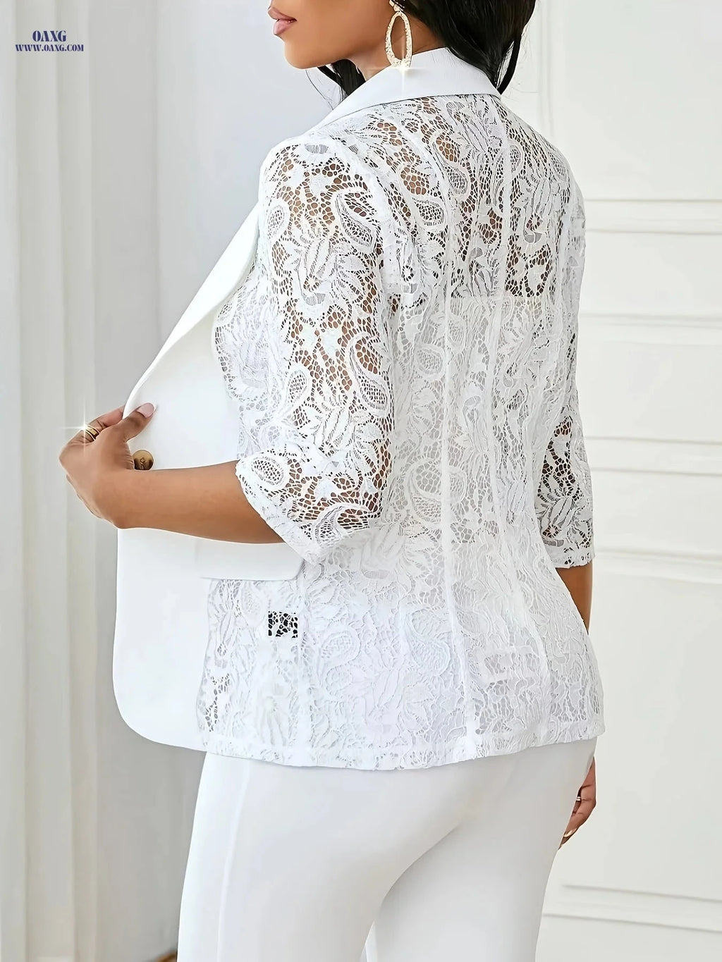 Elegant Women's Blazer with Lace Patchwork - Spring/Summer Fashion   OAXG White / XS