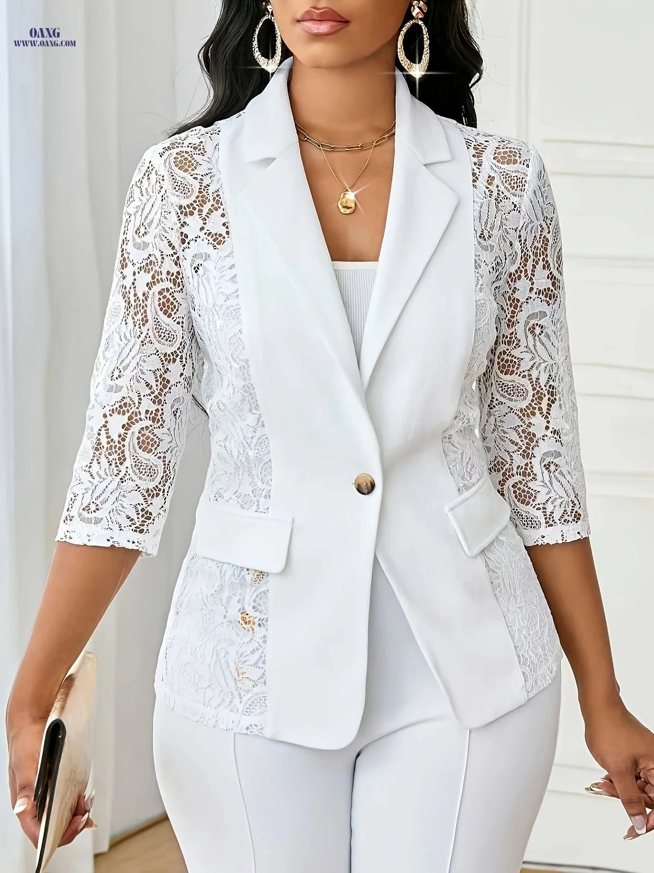 Elegant Women's Blazer with Lace Patchwork - Spring/Summer Fashion   OAXG White / XS