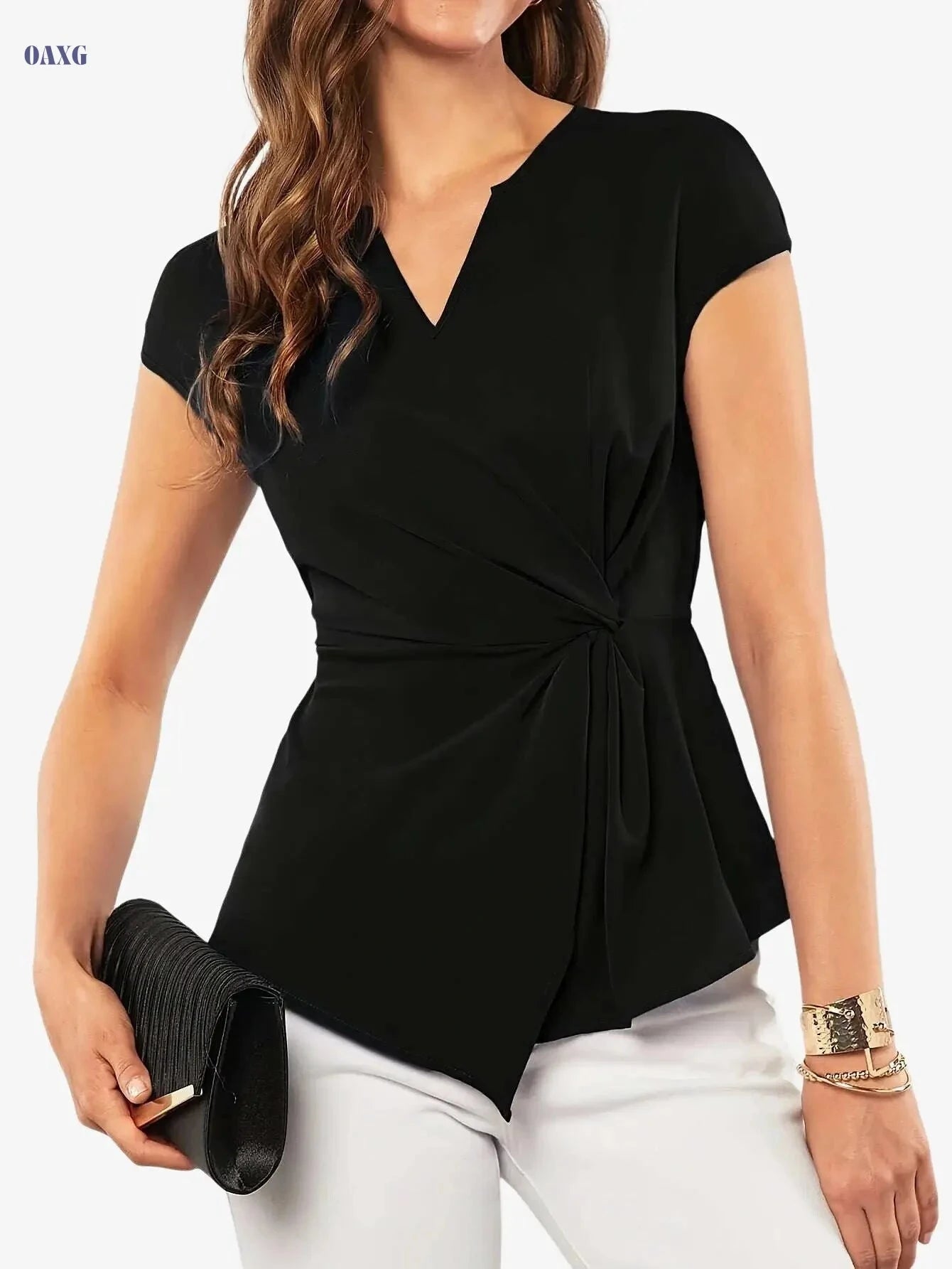 Elegant Women’s Blouse - 100% Polyester Summer Shirt, Notched Collar   OAXG 