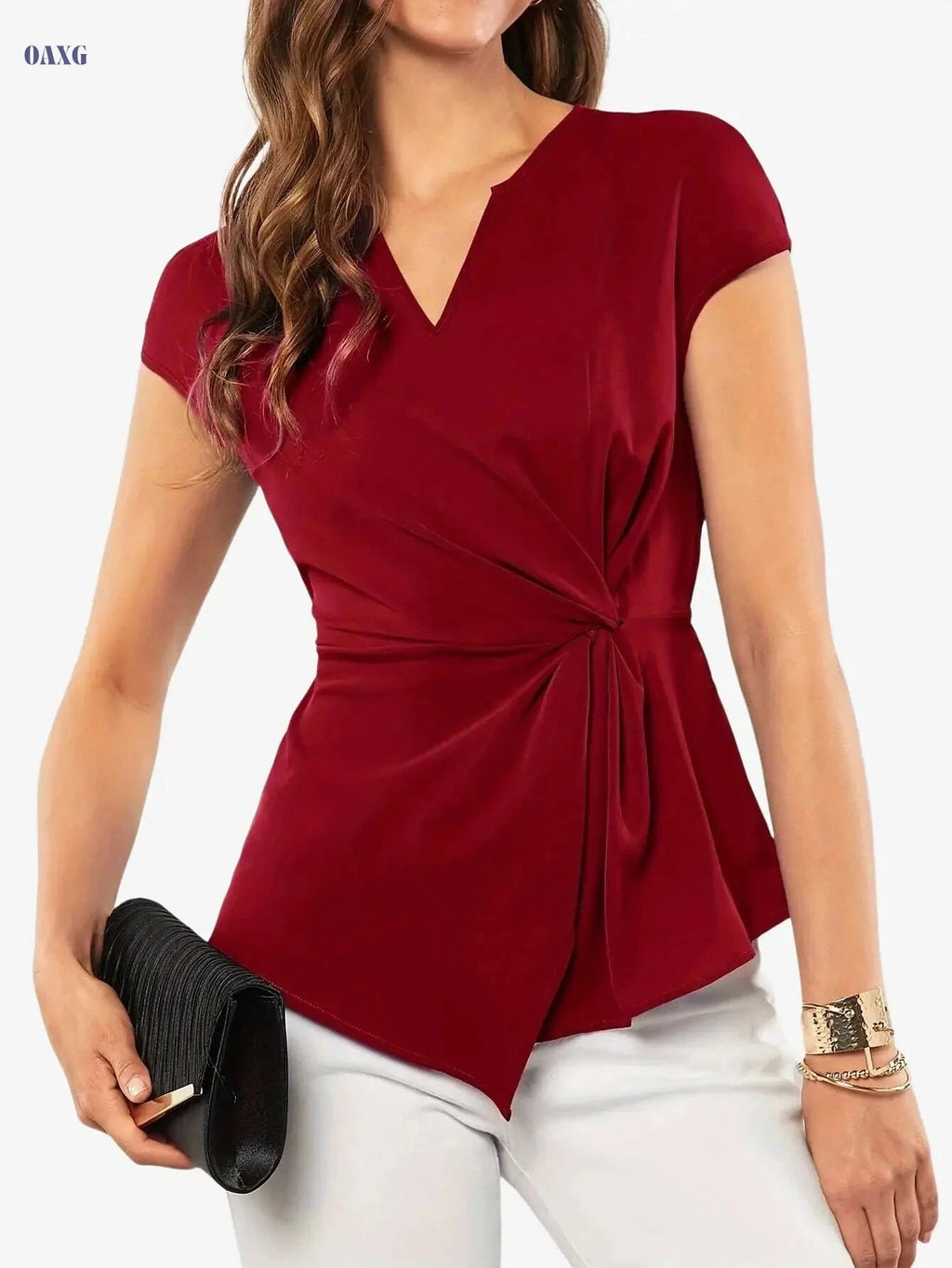 Elegant Women’s Blouse - 100% Polyester Summer Shirt, Notched Collar   OAXG Green / S
