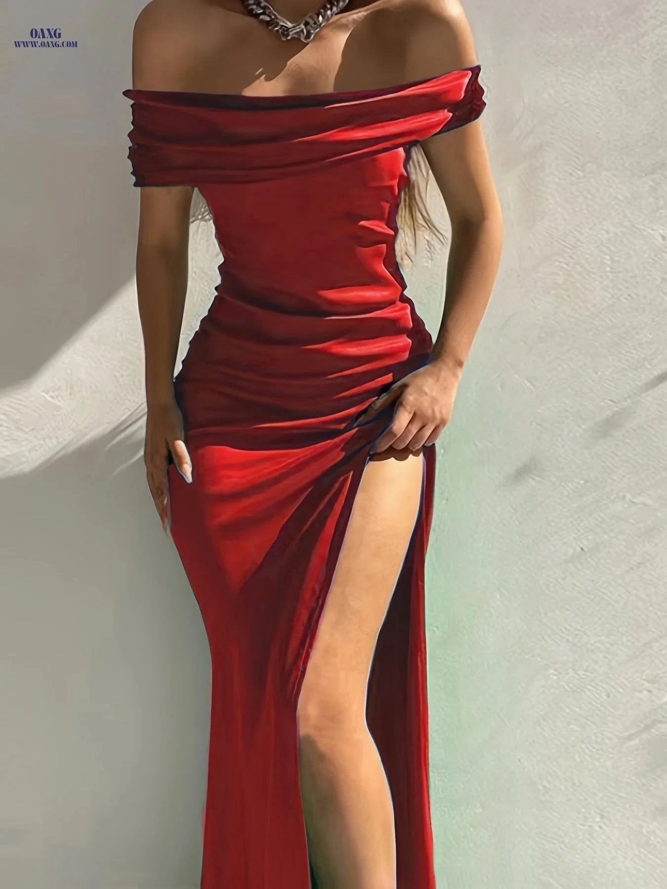 Elegant Women's Bodycon Midi Dress - Solid Color, One-Shoulder Style   OAXG 