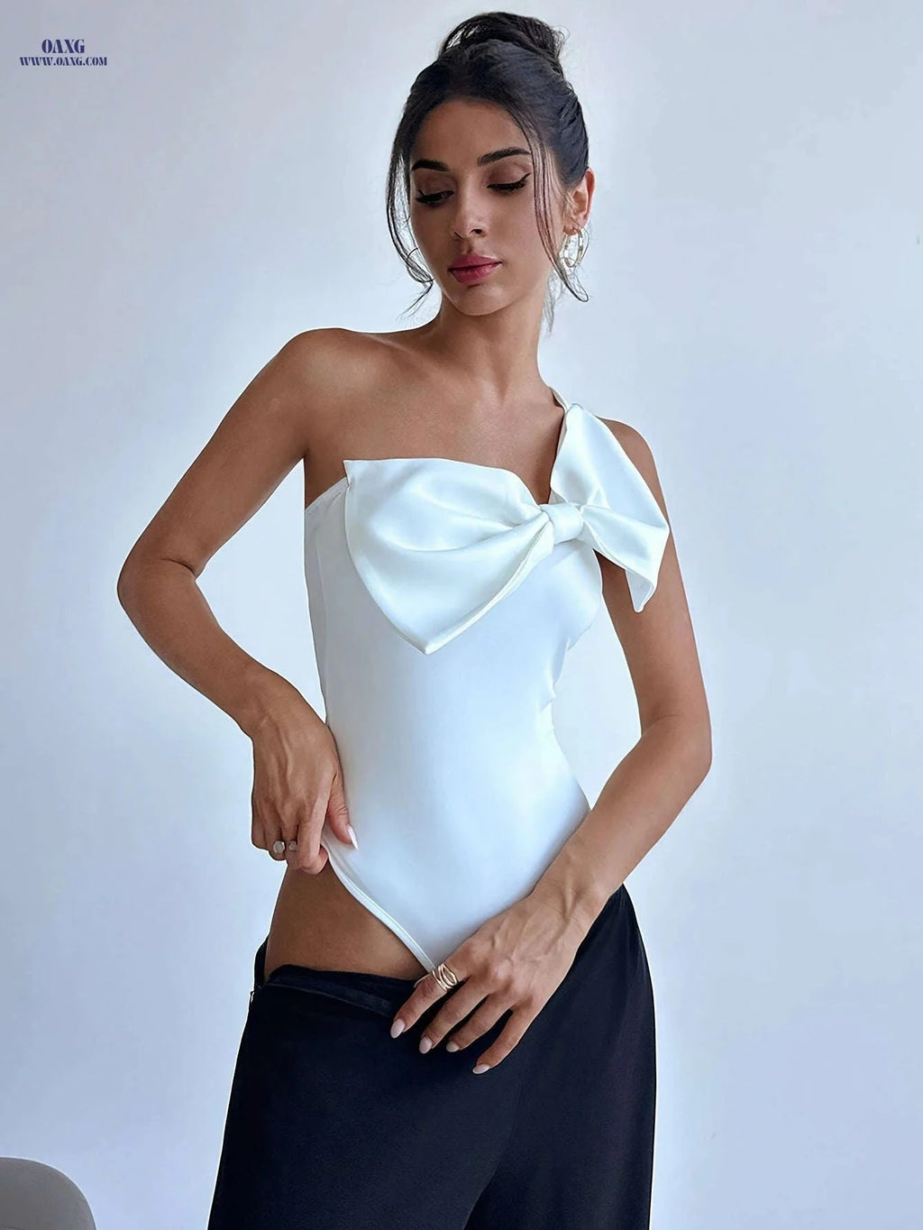 Elegant Women's Bodysuit Top - Semi-Sheer, Big Bow Detail   OAXG White / XS