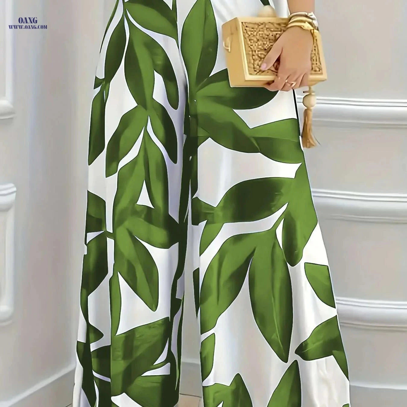Elegant Women's Botanical Leaf Print Pants - Navy & White Wide-Leg   OAXG 