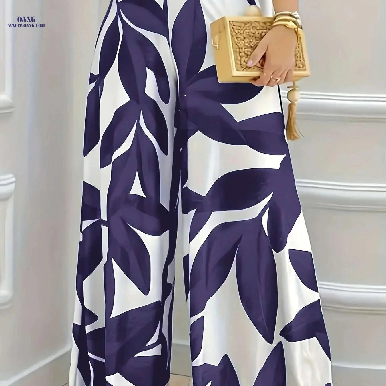 Elegant Women's Botanical Leaf Print Pants - Navy & White Wide-Leg   OAXG 