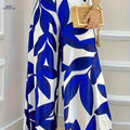 Elegant Women's Botanical Leaf Print Pants - Navy & White Wide-Leg   OAXG 