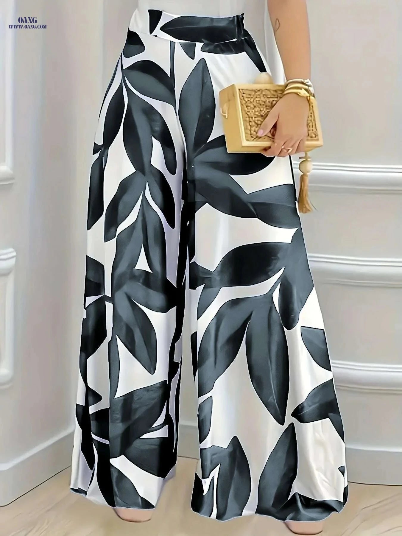 Elegant Women's Botanical Leaf Print Pants - Navy & White Wide-Leg   OAXG Blue / S
