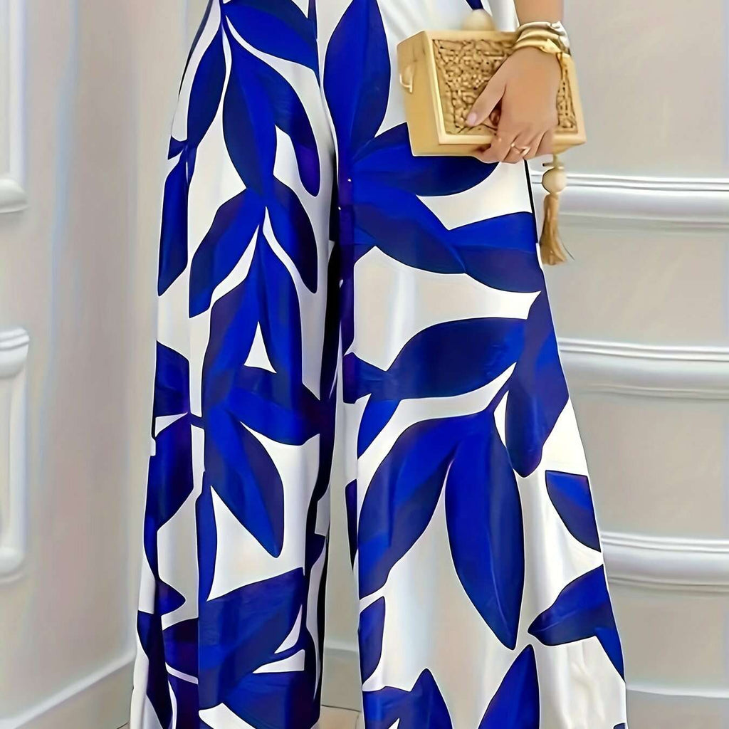 Elegant Women's Botanical Leaf Print Pants - Navy & White Wide-Leg   OAXG Blue / S