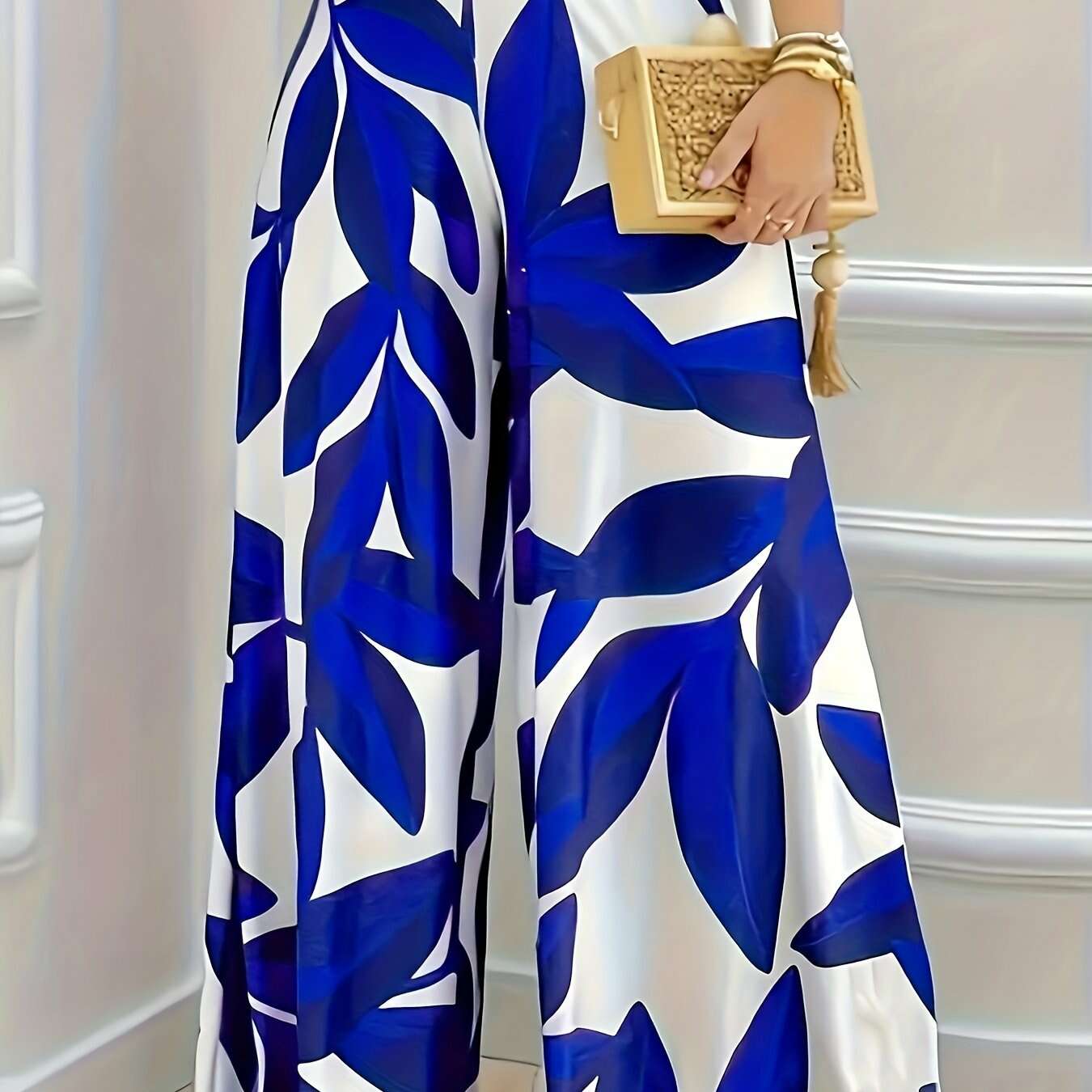 Elegant Women's Botanical Leaf Print Pants - Navy & White Wide-Leg   OAXG Blue / S