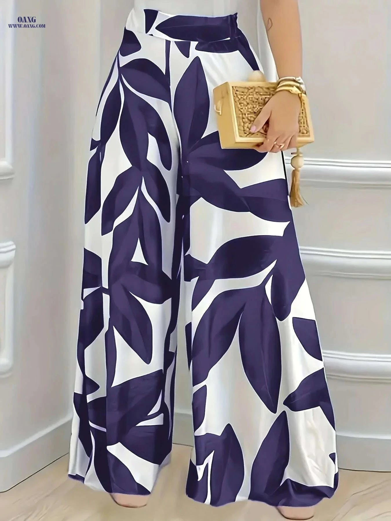 Elegant Women's Botanical Leaf Print Pants - Navy & White Wide-Leg   OAXG Blue / S