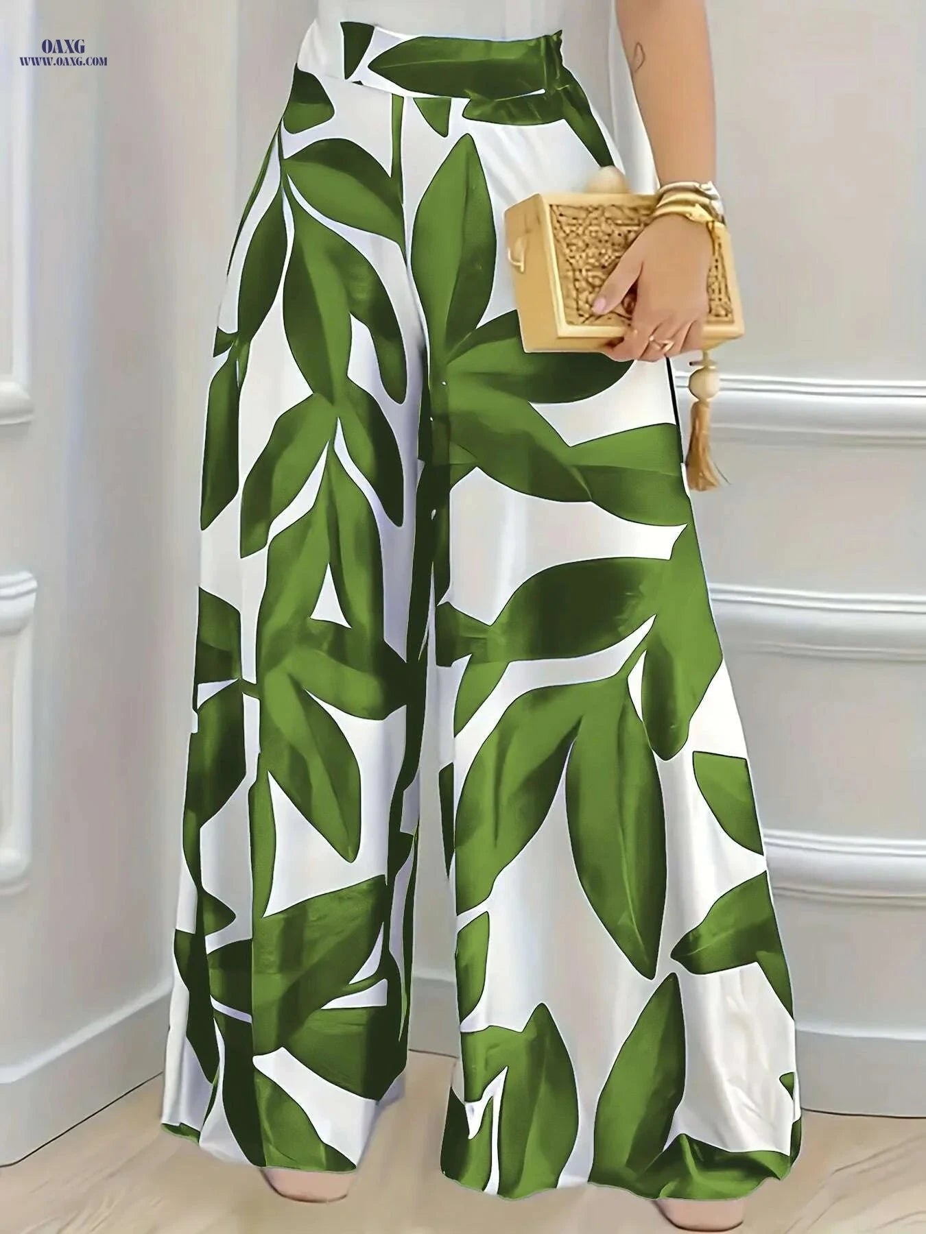 Elegant Women's Botanical Leaf Print Pants - Navy & White Wide-Leg   OAXG 