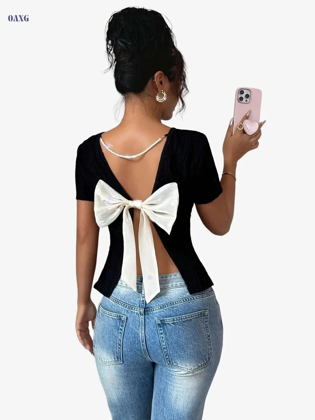 Elegant Women's Bow Back T-Shirt - Solid Color, Machine Washable   OAXG 