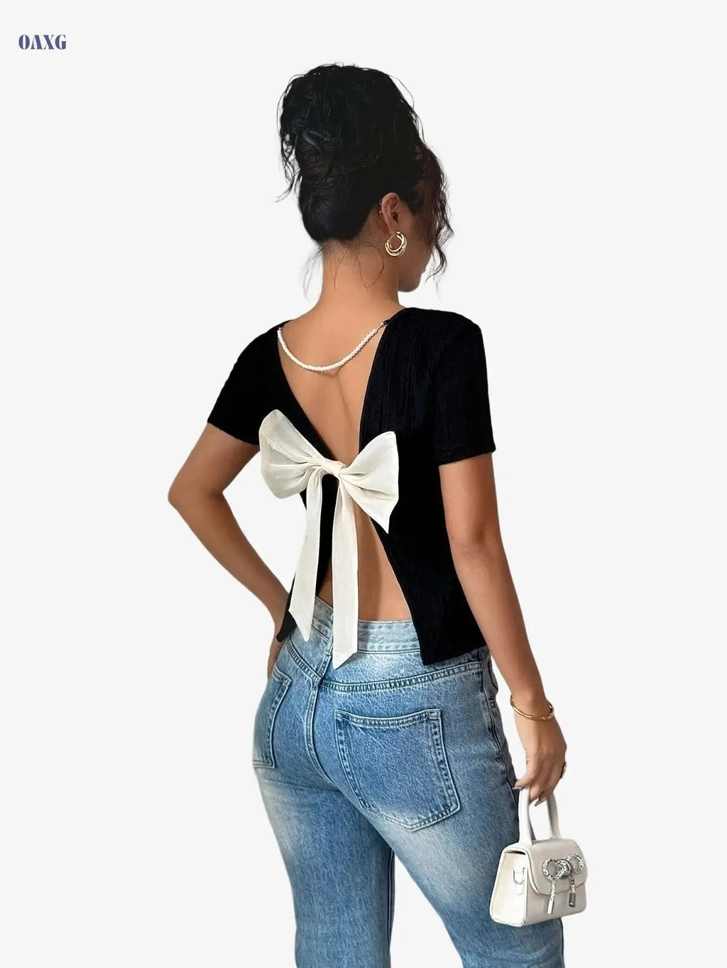 Elegant Women's Bow Back T-Shirt - Solid Color, Machine Washable   OAXG 