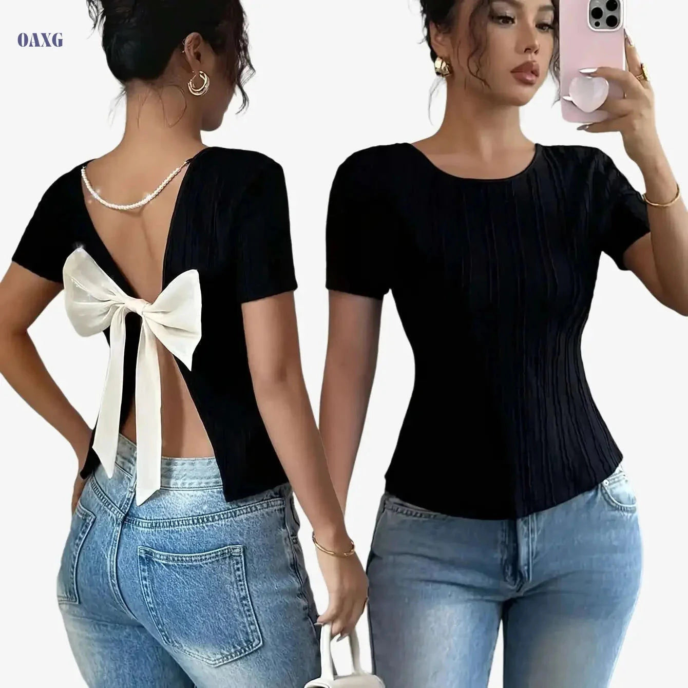 Elegant Women's Bow Back T-Shirt - Solid Color, Machine Washable   OAXG Black / S