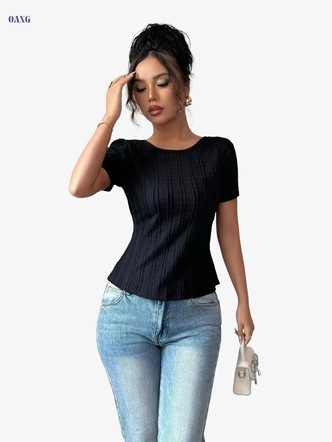 Elegant Women's Bow Back T-Shirt - Solid Color, Machine Washable   OAXG Black / S