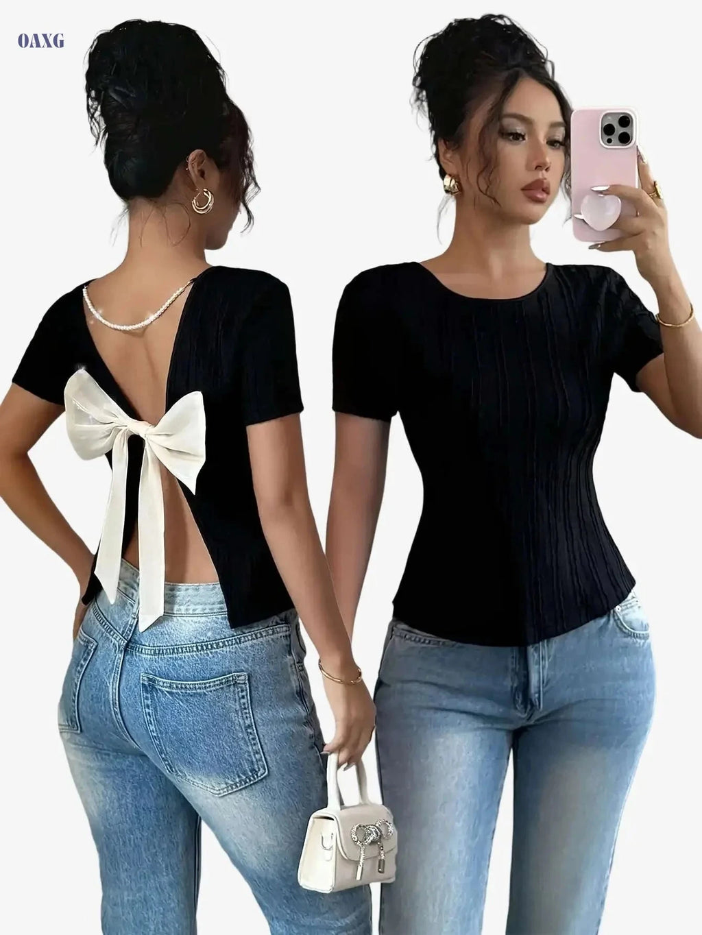 Elegant Women's Bow Back T-Shirt - Solid Color, Machine Washable   OAXG Black / S