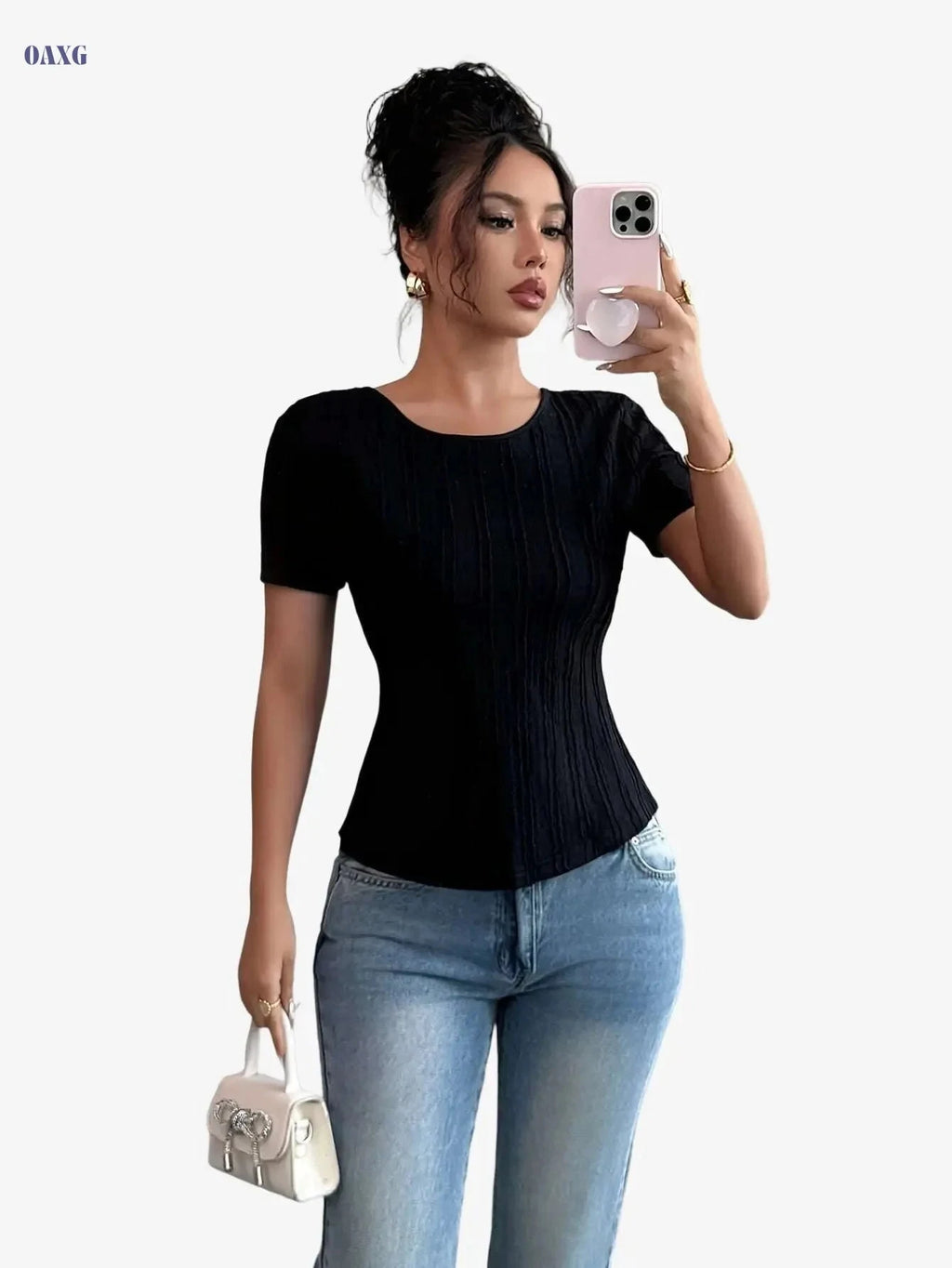 Elegant Women's Bow Back T-Shirt - Solid Color, Machine Washable   OAXG 