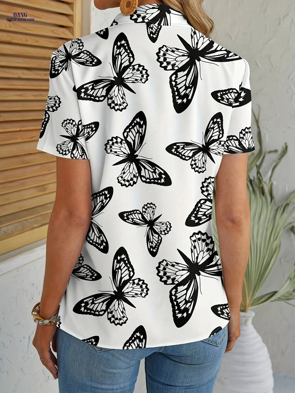 Elegant Women's Butterfly Print Casual Shirt - 100% Polyester Design   OAXG Multicolor / S