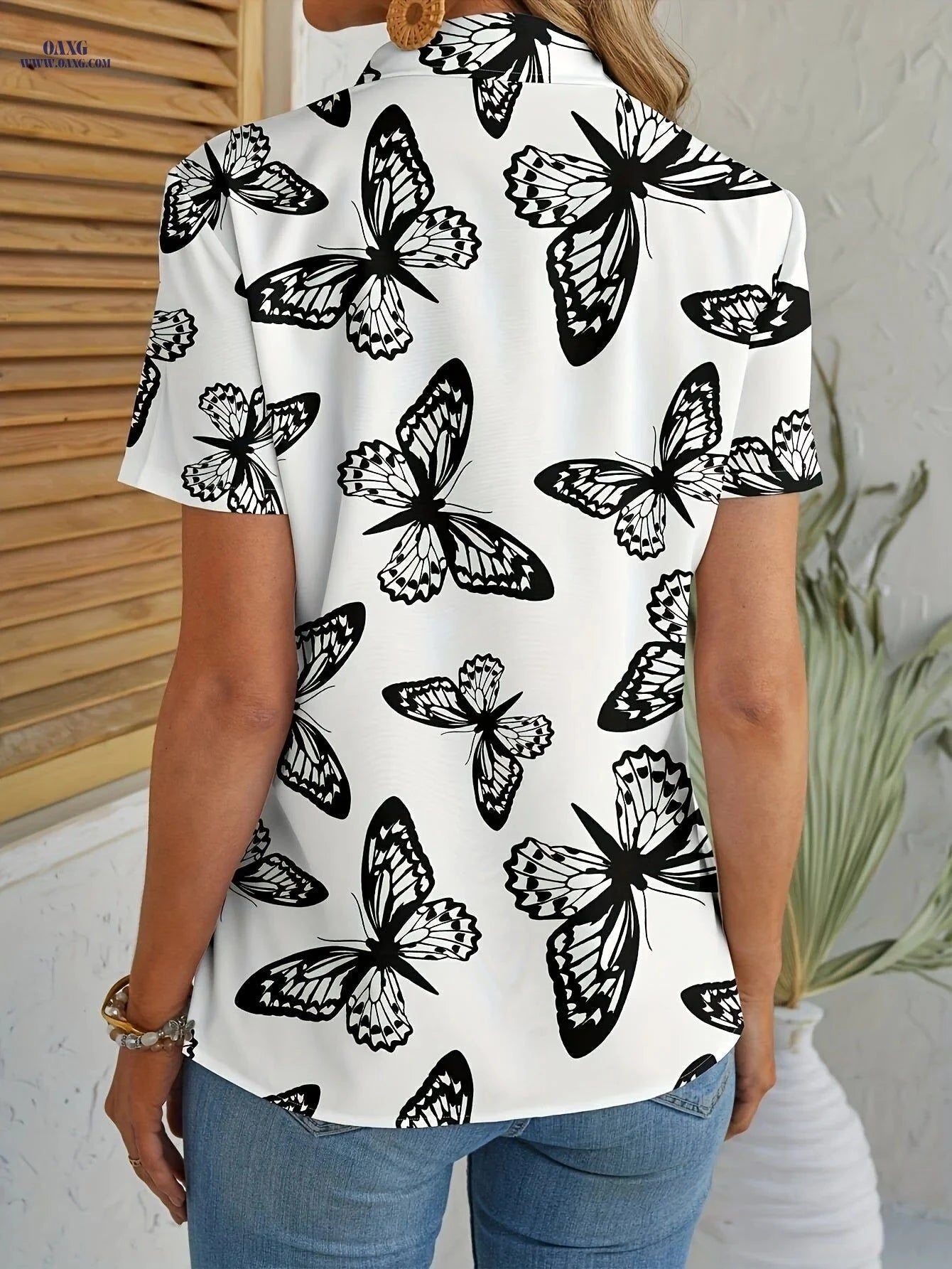 Elegant Women's Butterfly Print Casual Shirt - 100% Polyester Design   OAXG Multicolor / S