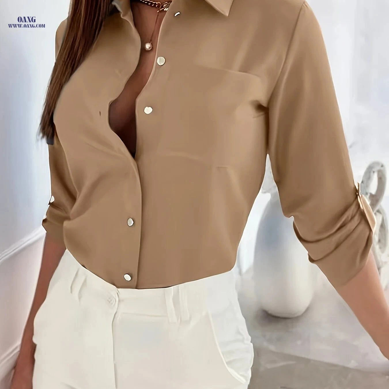 Elegant Women's Button-Up Shirt - Solid Color, Polyester, Machine Washable   OAXG Silvery Grey / S