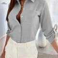 Elegant Women's Button-Up Shirt - Solid Color, Polyester, Machine Washable   OAXG Silvery Grey / S