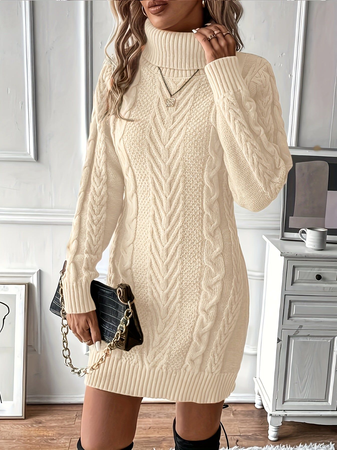 Elegant Women's Cable Knit Sweater Dress - Chic High Neck, Long Sleeve, Solid Black Polyester Dress with Textured Rope Design, Perfect for Fall & Winter   OAXG Khaki / S