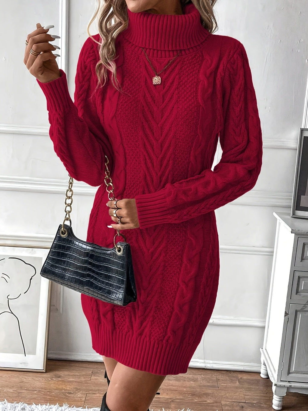 Elegant Women's Cable Knit Sweater Dress - Chic High Neck, Long Sleeve, Solid Black Polyester Dress with Textured Rope Design, Perfect for Fall & Winter   OAXG Khaki / S