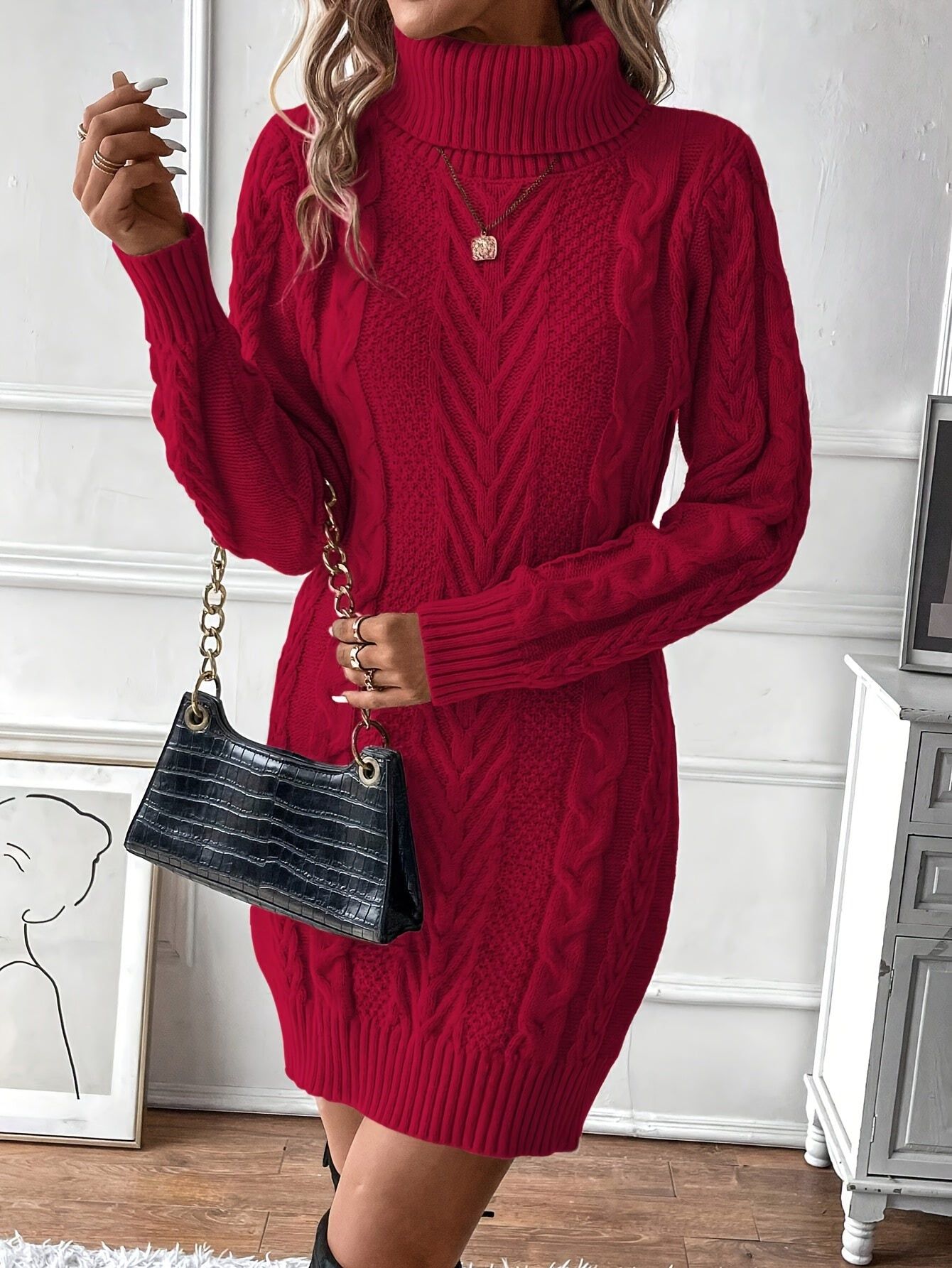 Elegant Women's Cable Knit Sweater Dress - Chic High Neck, Long Sleeve, Solid Black Polyester Dress with Textured Rope Design, Perfect for Fall & Winter   OAXG Khaki / S