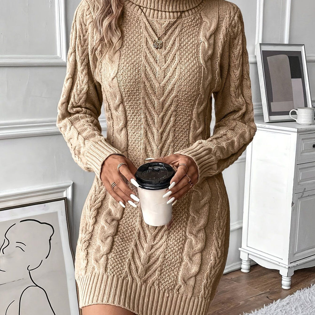Elegant Women's Cable Knit Sweater Dress - Chic High Neck, Long Sleeve, Solid Black Polyester Dress with Textured Rope Design, Perfect for Fall & Winter   OAXG Khaki / S