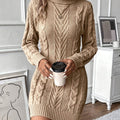 Elegant Women's Cable Knit Sweater Dress - Chic High Neck, Long Sleeve, Solid Black Polyester Dress with Textured Rope Design, Perfect for Fall & Winter   OAXG Khaki / S