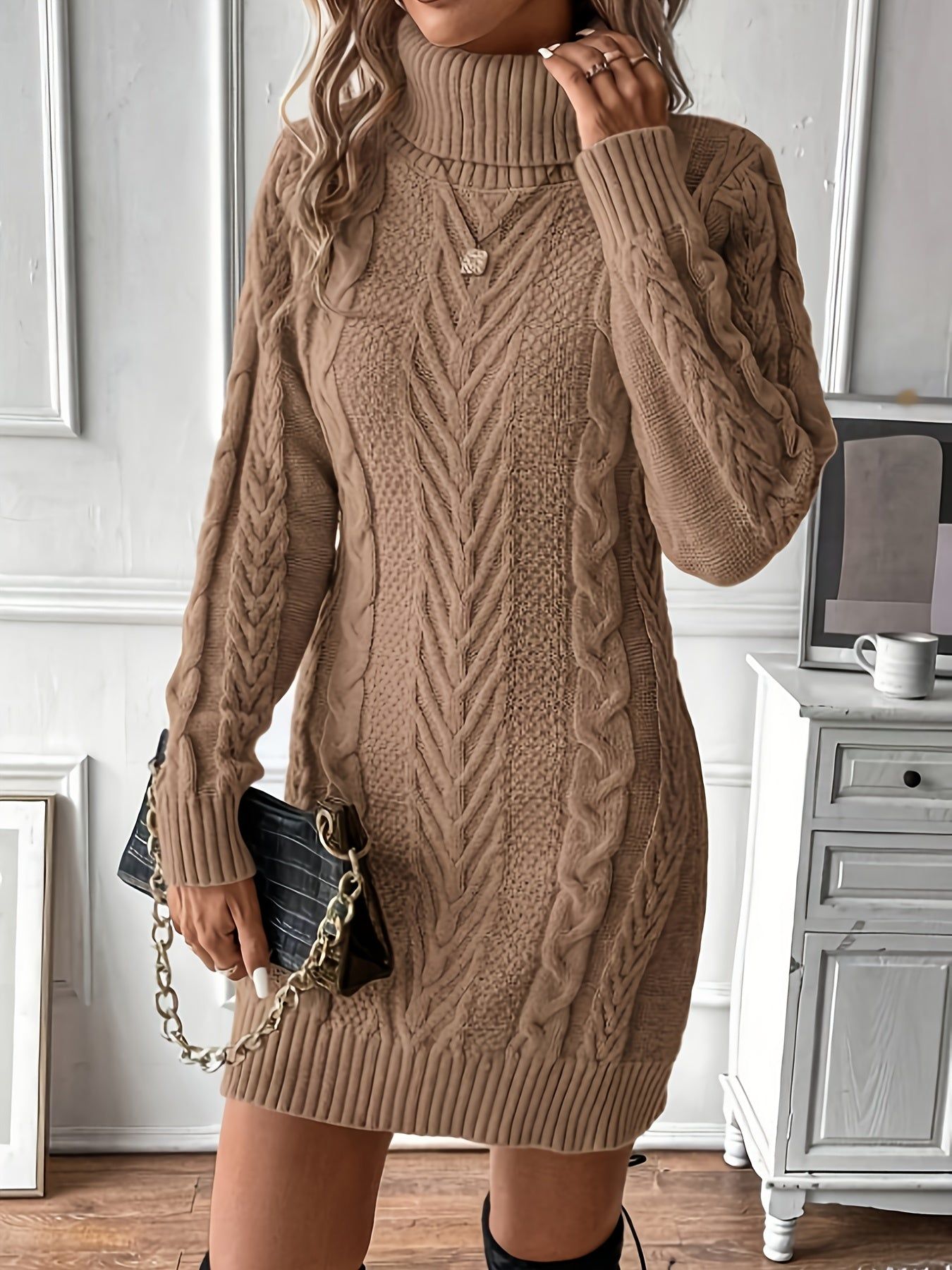 Elegant Women's Cable Knit Sweater Dress - Chic High Neck, Long Sleeve, Solid Black Polyester Dress with Textured Rope Design, Perfect for Fall & Winter   OAXG Khaki / S