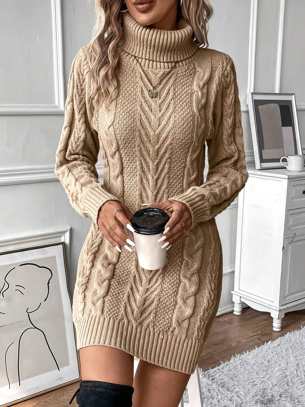 Elegant Women's Cable Knit Sweater Dress - Chic High Neck, Long Sleeve, Solid Black Polyester Dress with Textured Rope Design, Perfect for Fall & Winter   OAXG Khaki / S