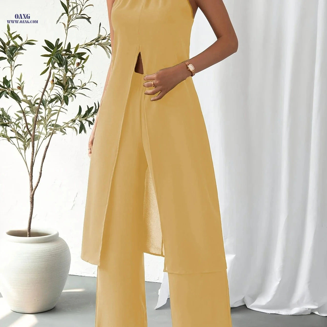 Elegant Women's Camisole 2-Piece Set - Solid Color, Spaghetti Straps   OAXG 