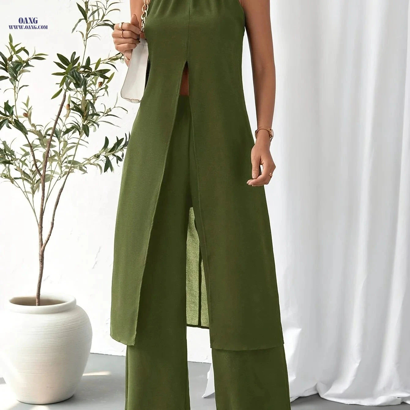Elegant Women's Camisole 2-Piece Set - Solid Color, Spaghetti Straps   OAXG Army Green / S