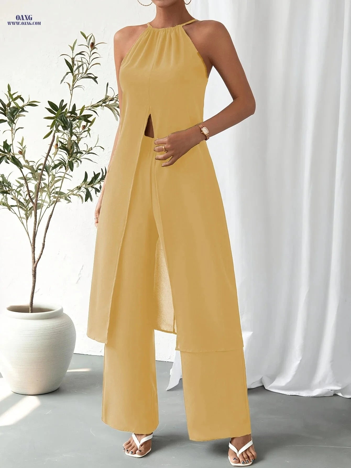 Elegant Women's Camisole 2-Piece Set - Solid Color, Spaghetti Straps   OAXG Army Green / S