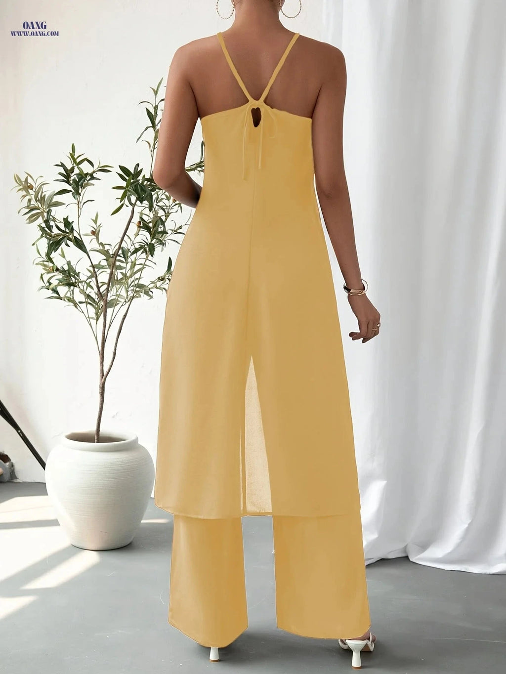 Elegant Women's Camisole 2-Piece Set - Solid Color, Spaghetti Straps   OAXG 