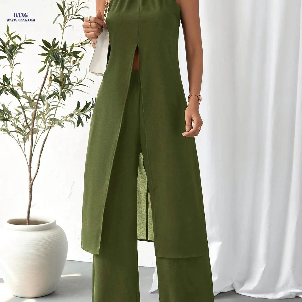 Elegant Women's Camisole 2-Piece Set - Solid Color, Spaghetti Straps   OAXG 