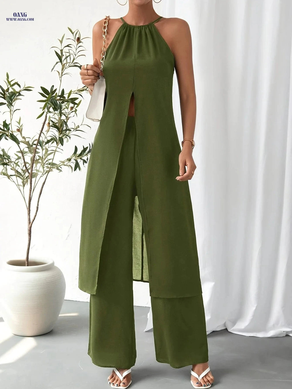 Elegant Women's Camisole 2-Piece Set - Solid Color, Spaghetti Straps   OAXG 