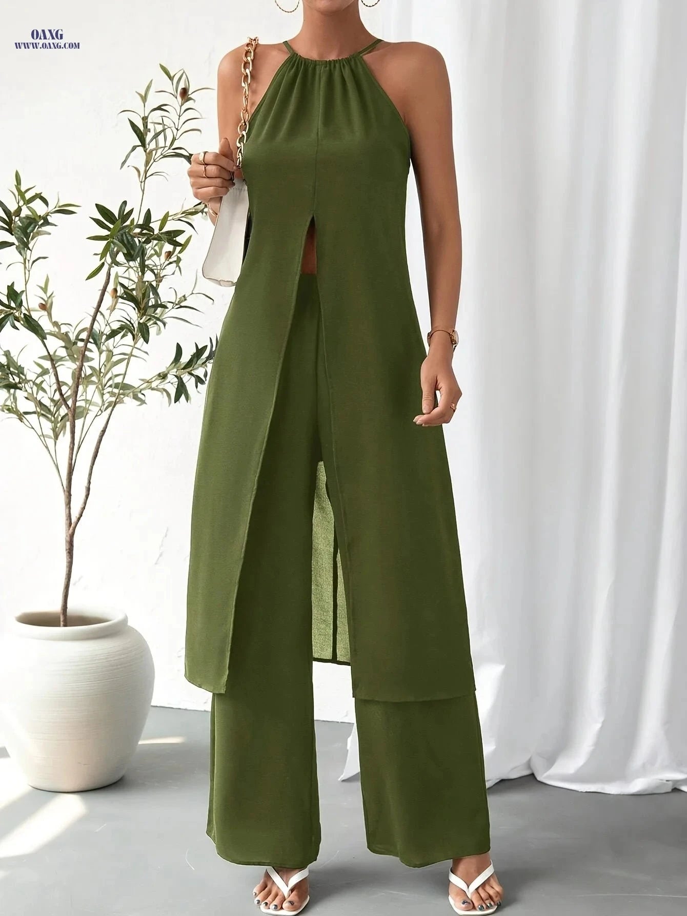 Elegant Women's Camisole 2-Piece Set - Solid Color, Spaghetti Straps   OAXG 