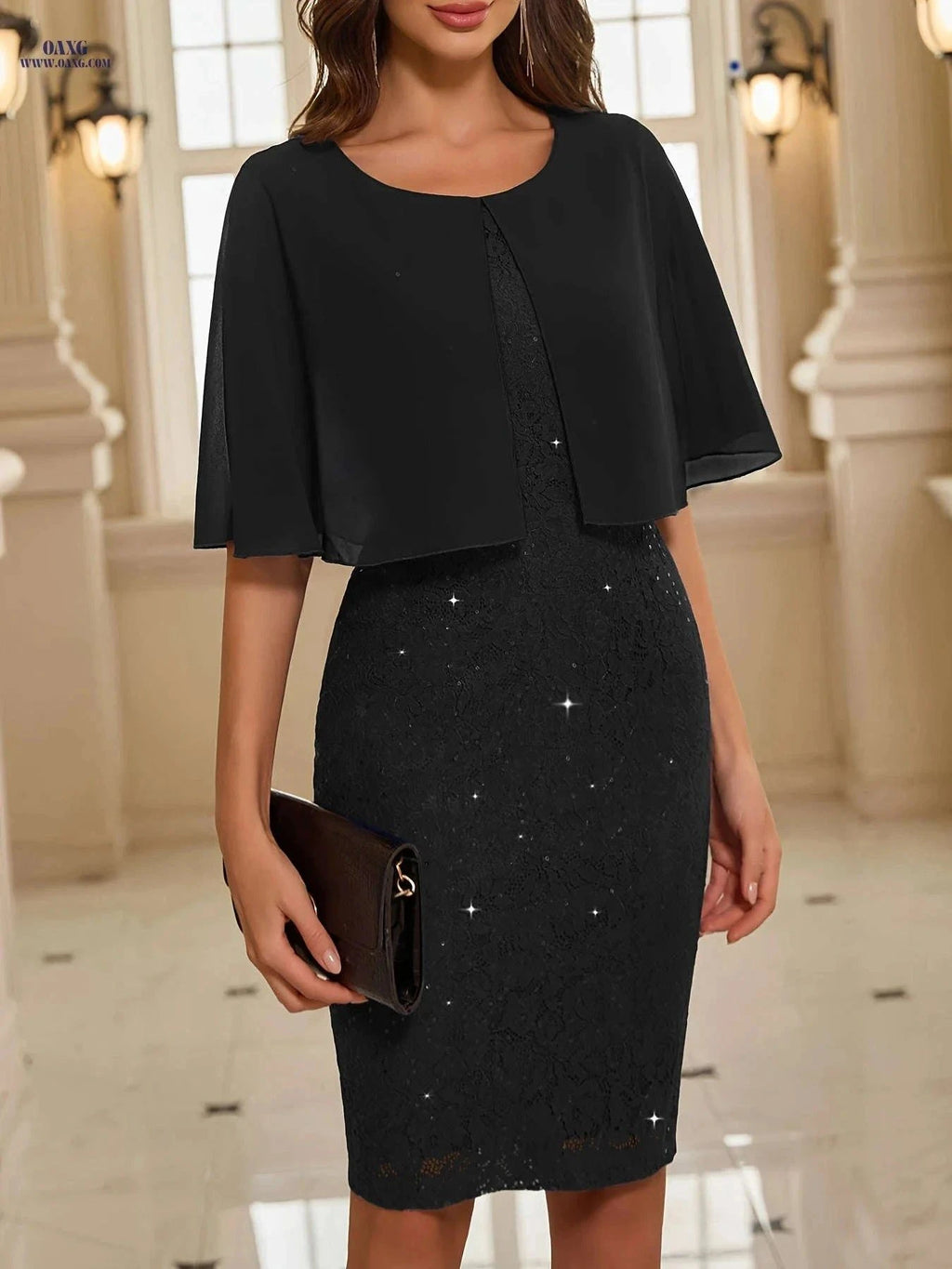 Elegant Women's Cape Dress - Lace Sequin Bodycon for Weddings   OAXG crimson / XL