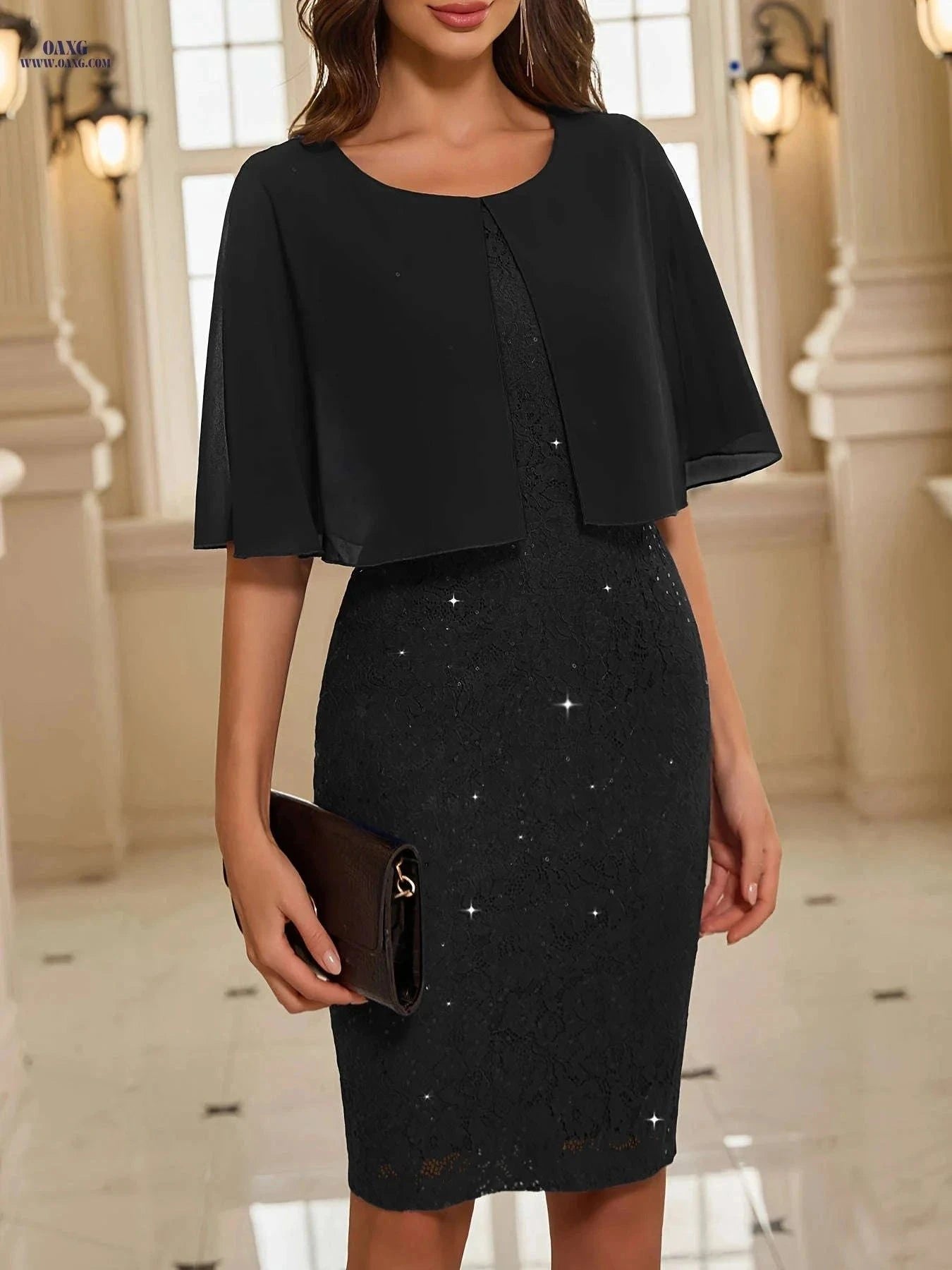 Elegant Women's Cape Dress - Lace Sequin Bodycon for Weddings   OAXG crimson / XL