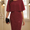 Elegant Women's Cape Dress - Lace Sequin Bodycon for Weddings   OAXG crimson / XL