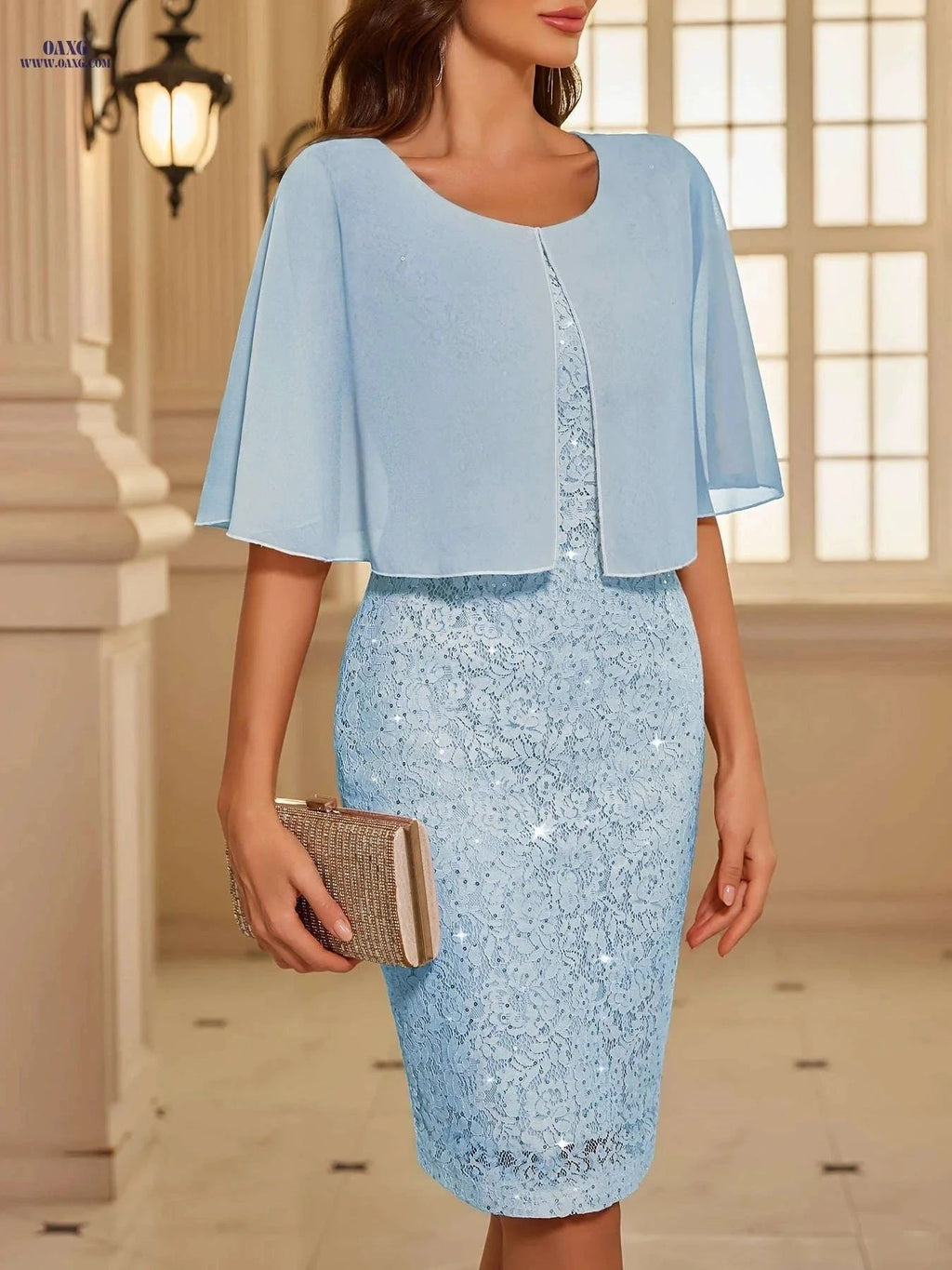 Elegant Women's Cape Dress - Lace Sequin Bodycon for Weddings   OAXG crimson / XL