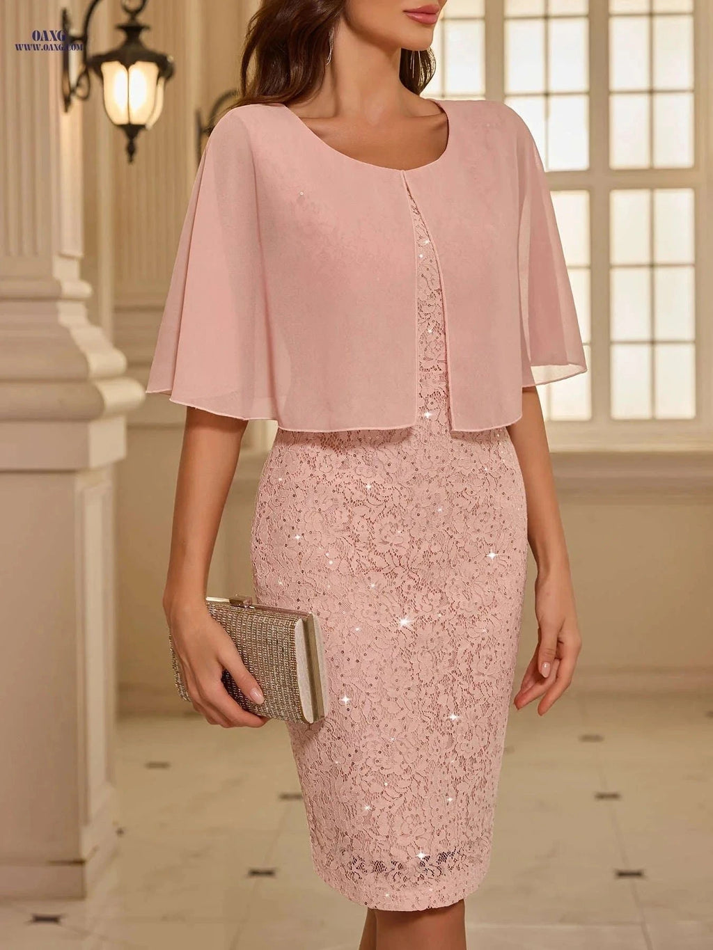 Elegant Women's Cape Dress - Lace Sequin Bodycon for Weddings   OAXG crimson / XL