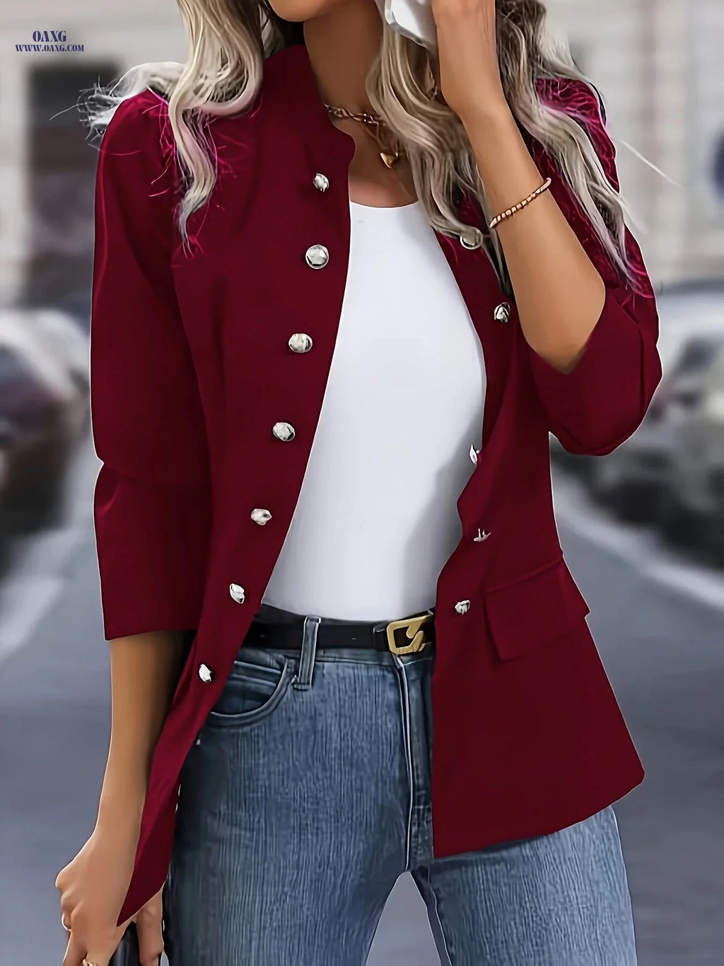 Elegant Women's Casual Blazer - Double-Breasted, Slim Fit Jacket   OAXG Black / S