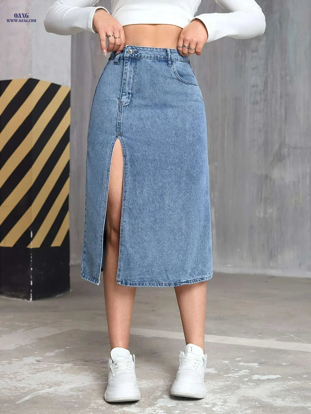 Elegant Women’s Casual Denim Skirt - Mid-Stretch, Side Slit Design   OAXG 