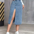 Elegant Women’s Casual Denim Skirt - Mid-Stretch, Side Slit Design   OAXG Light Blue / XS